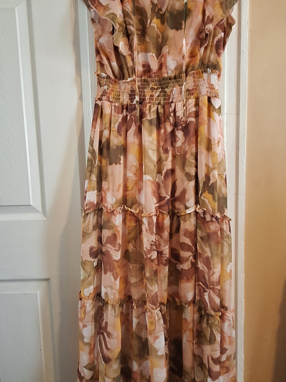 Floral Tiered Maxi Dress in Blush and Olive